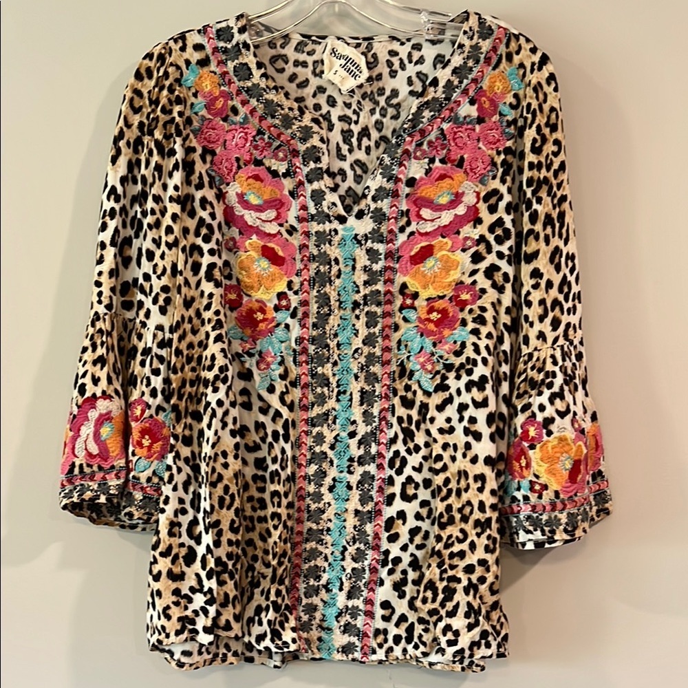 Savanna Jane - animal print, floral embroidered, 3/4 Sleeve blouse